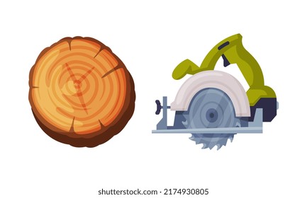 Woodworker and lumberjack objects set. Stump and circular saw vector illustration