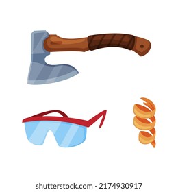 Woodworker and lumberjack tools. Axe and protective glasses vector illustration