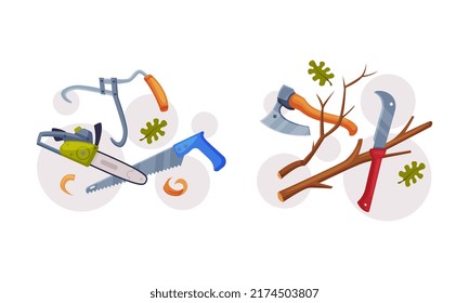 Woodworker and lumberjack tools set. Axe, chainsaw and handsaw, equipment for wood processing cartoon vector illustration