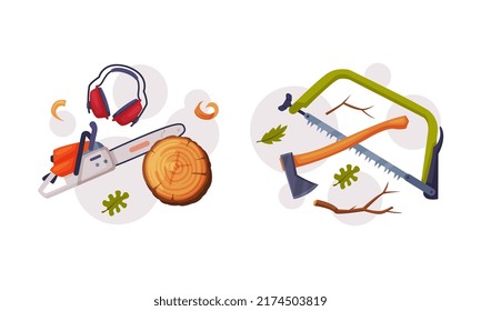 Woodworker and lumberjack tools set. Chainsaw, handsaw, earmuffs and axe, equipment for wood processing and carpentry cartoon vector illustration