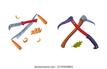 Woodworker and lumberjack tools set. Equipment for wood processing and carpentry cartoon vector illustration