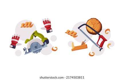 Woodworker and lumberjack tools set. Gloves, handsaw, equipment for wood processing and carpentry cartoon vector illustration