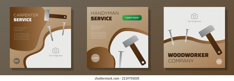 Woodworker service social media post, square banner set, carpenter business advertisement concept, handyman hammer and nails marketing ad, abstract modern flyer, isolated on background.