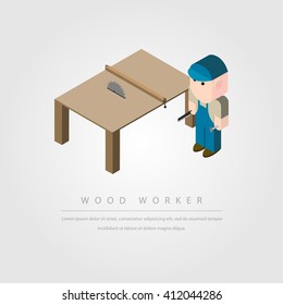 woodworker and table saw on gray background vector illustration
