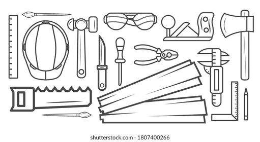 Woodworker tool. Instrument in carpentry workshop, home repair equipment illustration. Vector woodworker construction tool sketch isolated icon set. Craft hardware object isolated on white background