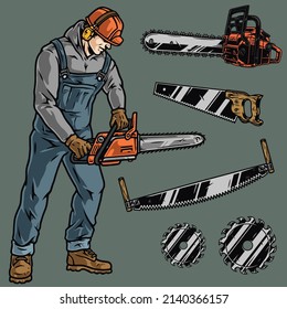 Trabajadores de madera y herramientas elementos coloridos con el hombre en protectores de oídos y sombreros rígidos con sierra de cadena, hojas de sierra circulares, sierras de mano, ilustración vectorial