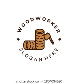 woodworker vintage color emblem logo icon vector illustration template design. ax, wood, floorer, carpenter and joiner logo template design