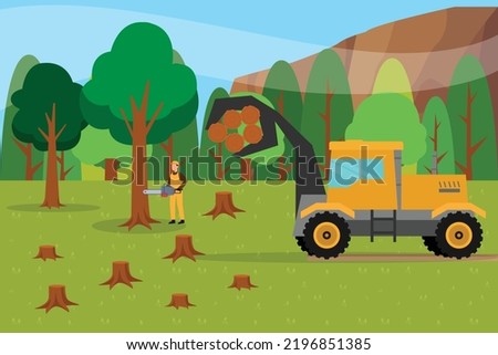 Woodworker working with chainsaw cutting forest trees 2d vector illustration concept for banner, website, illustration, landing page, flyer, etc.