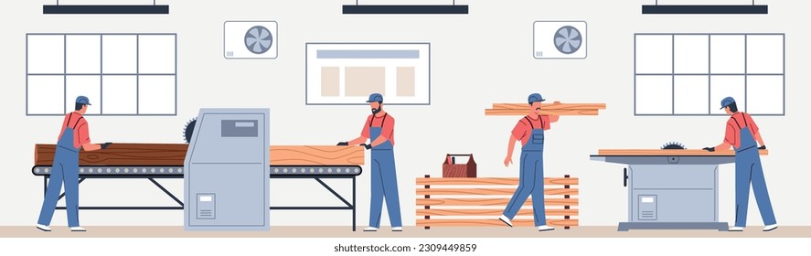 Woodworkers in workshop. Lumberworking machines, carpentry industry, creating furniture, professional equipment, furniture making process cartoon flat people sawing boards nowaday vector concept