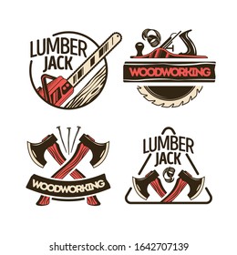 Woodworking 2x2 design concept set of color hand drawn emblems illustrated lumberjack instrument isolated vector illustration  