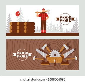 Woodworking banner, character lumberjack with axe, saw, hammer, instrument, tool, woodland processing flat vector illustration. Forest logs, design wood device, timber, forestry engineering.