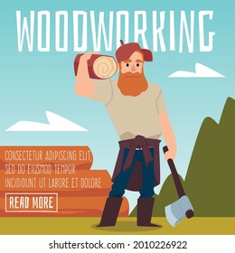 Woodworking banner or poster template with lumberjack cartoon character, flat vector illustration. Woodcutting and lumber-mill services promotion banner.