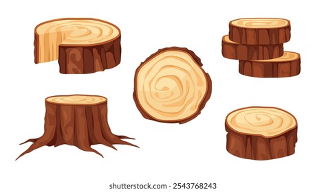 Woodworking and carpentry, isolated tree stump with root and rings. Vector set of timber or oak pieces with bark. Lumberjack work or building material for construction. Woodcutter industry