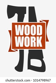 Woodworking or carpentry logo design, ax, saw and red banner with caption Woodwork, vector illustration. 