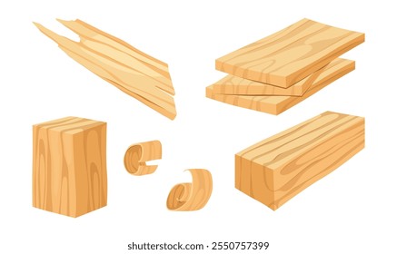 Materiais para marcenaria e carpintaria. Vetor conjunto isolado de cubo de madeira, planta com textura e aparas de madeira. Indústria florestal e madeireira, construção e construção de madeira