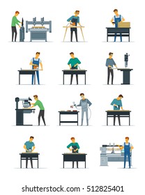 Woodworking carpentry polishing and painting flat icons collection with home refurnishing and repair services isolated vector illustration  