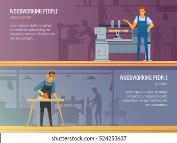 Woodworking carpentry professional service 2 flat banners with grinder and turner at work isolated vector illustration 