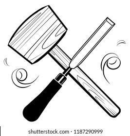 Las herramientas de madera y carpintería emblema ilustración vectorial del logotipo. Maleta y cincel