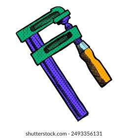 Woodworking clamp hand drawn halftone color vector illustration