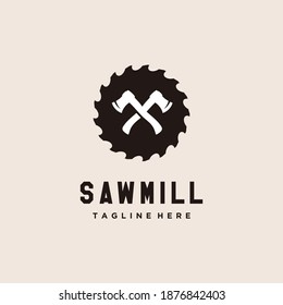 Woodworking cross axe circle. Sawmill Logo design vector illustration