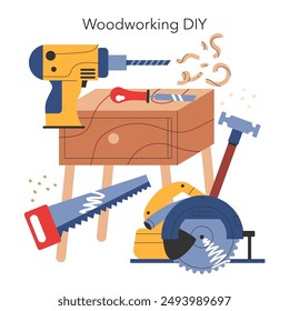 Woodworking DIY concept. A creative portrayal of home carpentry showcasing tools and wood shavings. Crafting furniture with precision. Vector illustration.