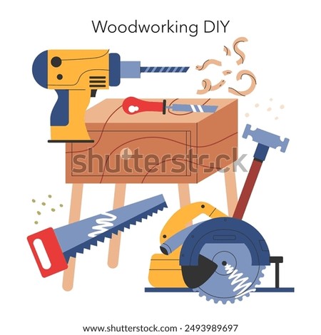 Woodworking DIY concept. A creative portrayal of home carpentry showcasing tools and wood shavings. Crafting furniture with precision. Vector illustration.