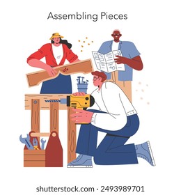 Woodworking DIY concept. Enthusiasts assembling furniture, following instructions, using tools. Creative home project team activity. Vector illustration.