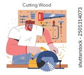 Woodworking DIY concept. Man with safety goggles using a circular saw to cut wood in a workshop with tools displayed on a pegboard. Vector illustration.