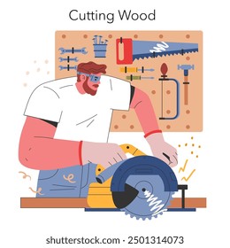 Woodworking DIY concept. Man with safety goggles using a circular saw to cut wood in a workshop with tools displayed on a pegboard. Vector illustration.