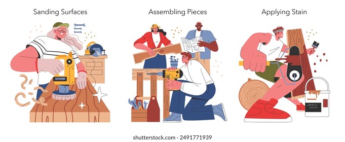 Woodworking DIY set. Illustration of different stages in wood crafting, from sanding to staining. Process of making wooden objects. Vector illustration.