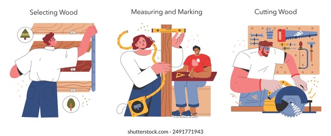 Woodworking DIY set. Steps for crafting from wood, including selection, measurement, and cutting processes. Vector illustration.