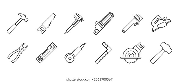 Woodworking equipment icon. Tool icon set. Work tools. Set of work tools. Collection of repair and construction tools in line style vector illustration on transparent background. Editable stroke.