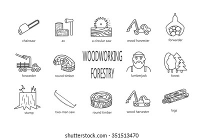 woodworking forestry industrial thin line icon set