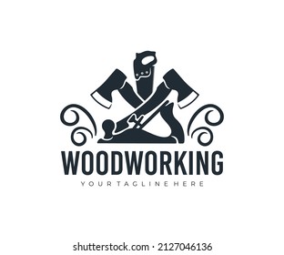 Woodworking, hand saw, axes and planer, logo design. Construction, building, carpentry and  joiner, vector design and illustration