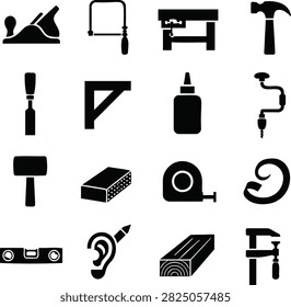 Woodworking Hand Tools and Carpentry Icons Set