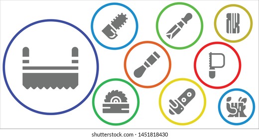 woodworking icon set. 9 filled woodworking icons.  Collection Of - Saw, Chainsaw, Chisel, Wood, Log