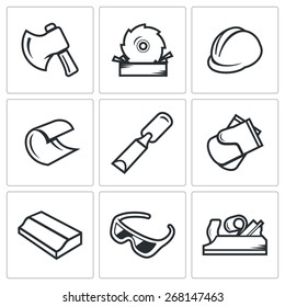 Woodworking icons: ax, sawmill, helmet, chips, chisel, gloves, product, goggles, Planer. Vector Illustration.