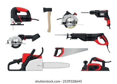 Woodworking industrial sharp electric maintenance modern tools set realistic vector illustration. Carpentry woodwork equipment axe saw cutter puncher handyman sawmill black red blade instrument