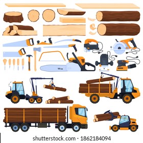 Woodworking industry, Boards, logs. Tools for woodworking. Transport for logging. Loading, timber transportation. isolated vector illustration
