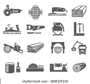 Woodworking industry bold black silhouette icons set isolated on white. Carpentry, joinery tools pictograms collection. Jointing plane, hammer, filer, hand saw vector elements for infographic, web.