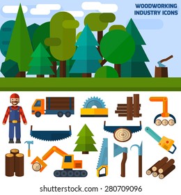 Woodworking industry decorative flat icons set with carpentry and labor work tools vector illustration