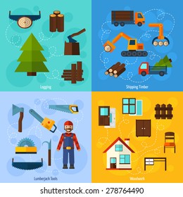 Woodworking industry design concept set with lumberjack logging and timber shipping flat icons isolated vector illustration