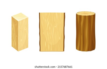 Werkstoffset für Holzbearbeitungsindustrie. Cartoon-Cartoon für Holz- und Holzplanen, Vektorgrafik
