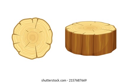 Conjunto de materiales de la industria de la madera. Ilustración vectorial de la caricatura del tronco del árbol de corte visto