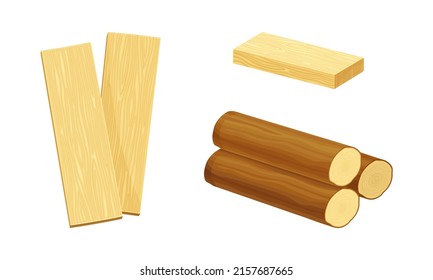 Woodworking industry materials set. Tree lumbers cartoon vector illustration