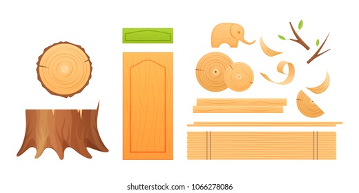 Woodworking industry, materials for wood industry, set logs for timber industry, knots, stumps, boards, shavings, finished wood products, industrial factory. Tree lumber, trunk. Vector illustration.