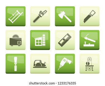 Woodworking industry and Woodworking tools icons over color background - vector icon set