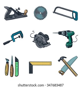 Woodworking industry and Woodworking tools icons - vector icon set. Craft Woodwork Screwdriver Table Hamme, Carpenter.