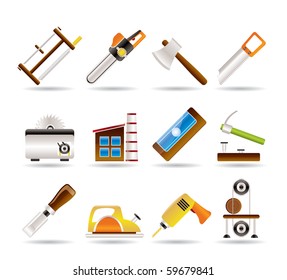 Woodworking industry and Woodworking tools icons - vector icon set