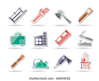 Woodworking industry and Woodworking tools icons - vector icon set